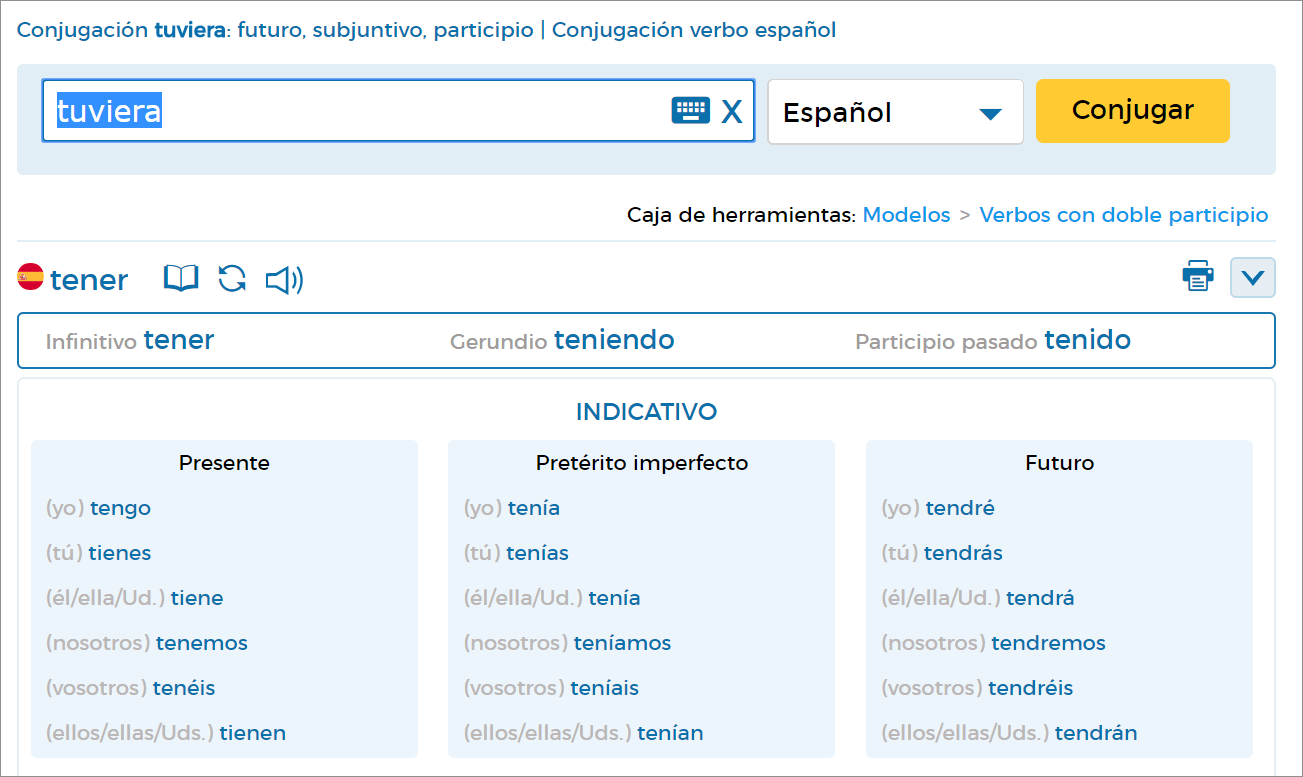 Зразок дієвідмінювання у словнику ісрпнської мови Conjugador Reverso